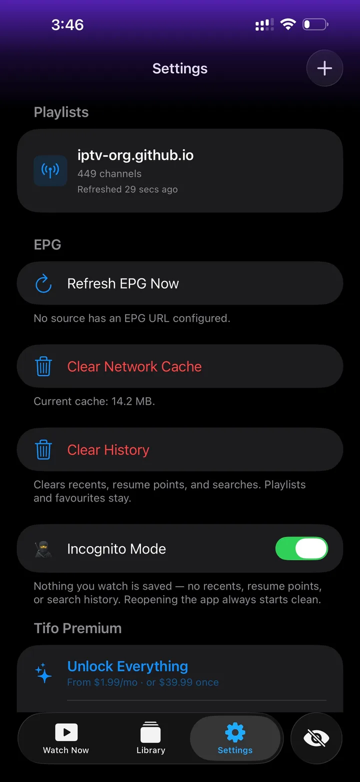 Tifo iPhone settings screen showing Clear Network Cache, Clear History and Incognito Mode controls